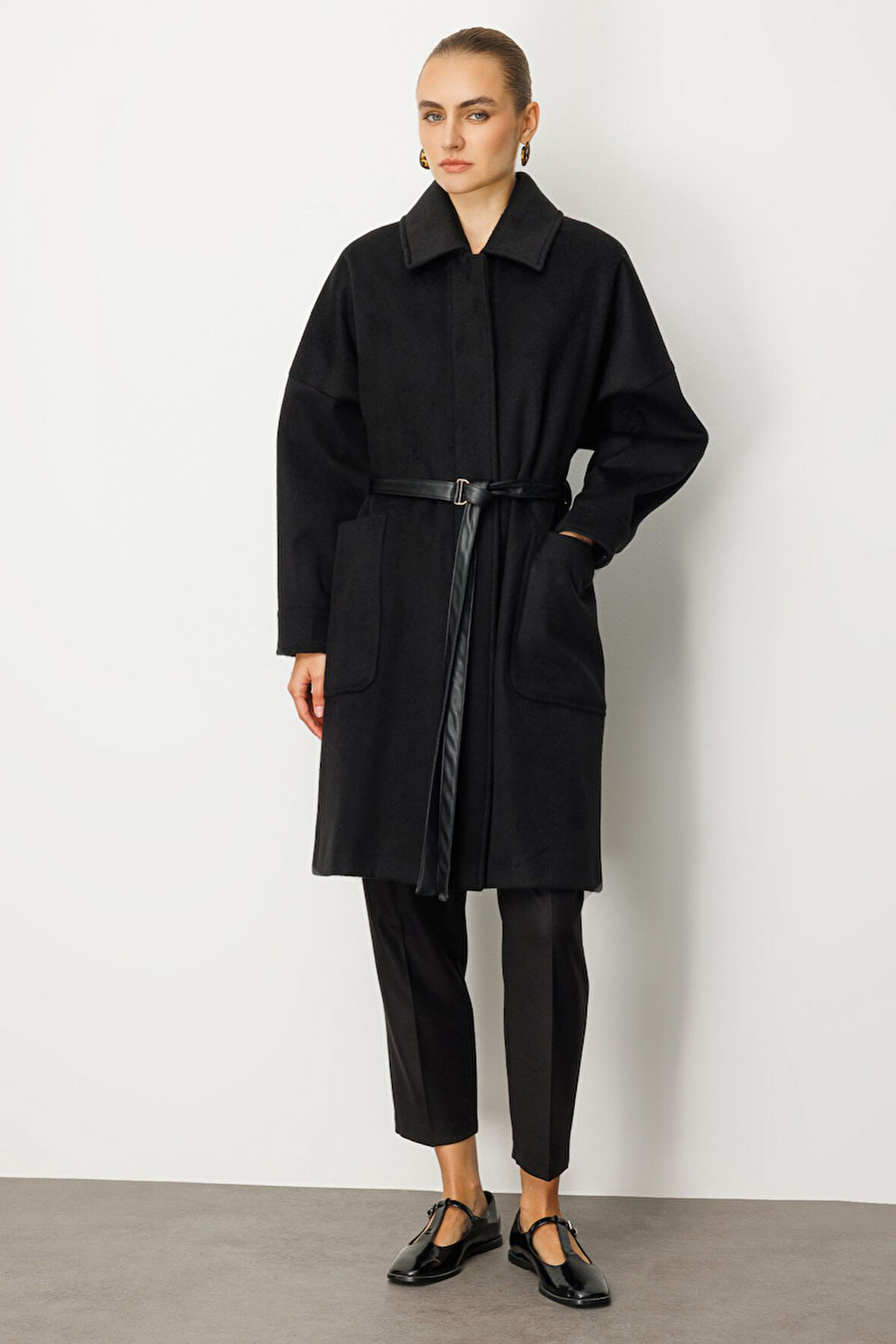 Ekol Kadın Deri Kemerli Torba Cepli Kaban 6045 Siyah