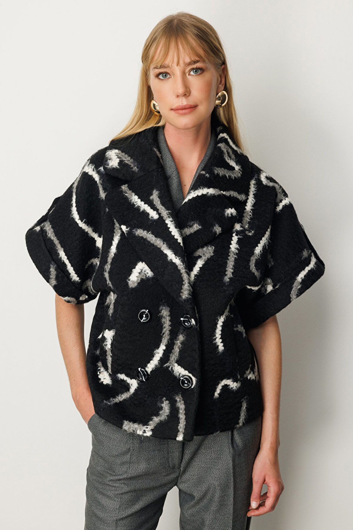 Ekol Kadın Yarasa Kol Desenli Mont 6005 Siyah