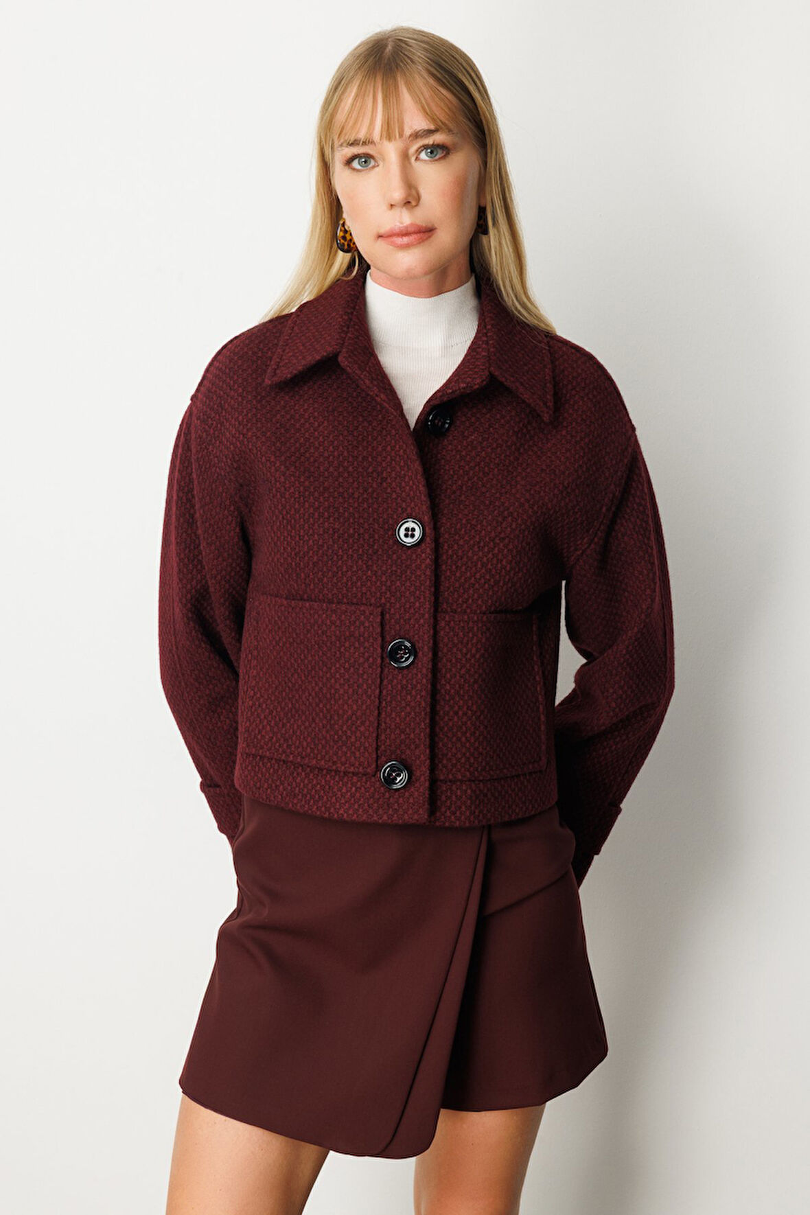 Ekol Kadın Torba Cepli Crop Mont 6013 Bordo