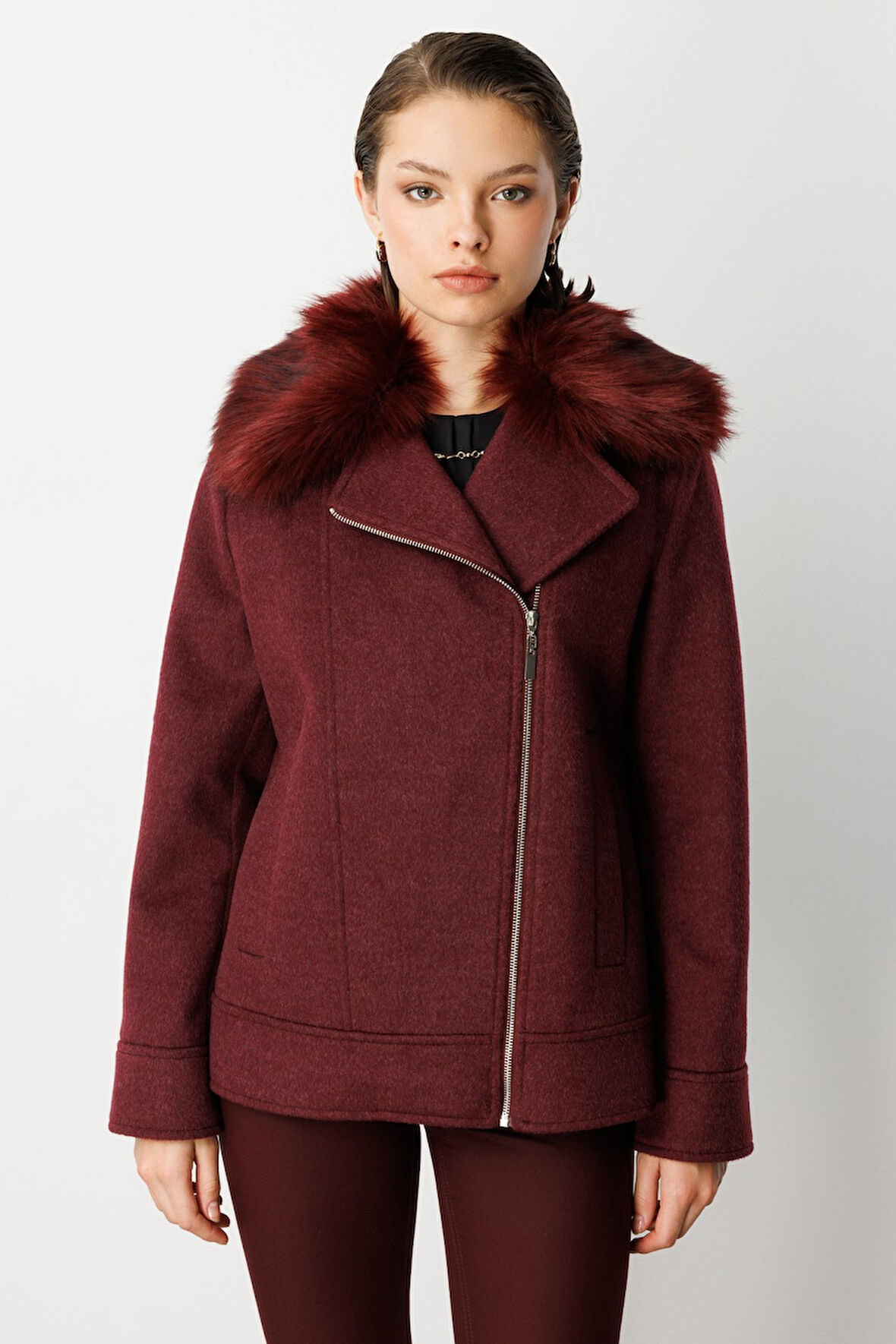 Ekol Kadın Yakası Kürklü Kruvaze Mont 6085 Bordo