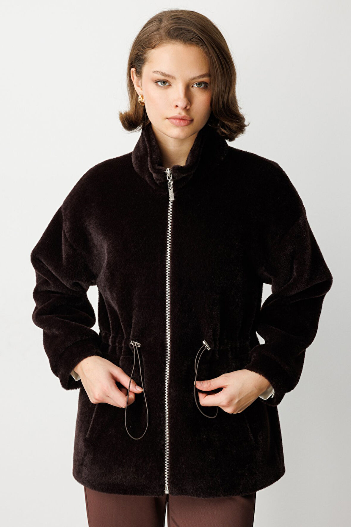 Ekol Kadın Dik Yaka Peluş Mont 6103 Kahverengi