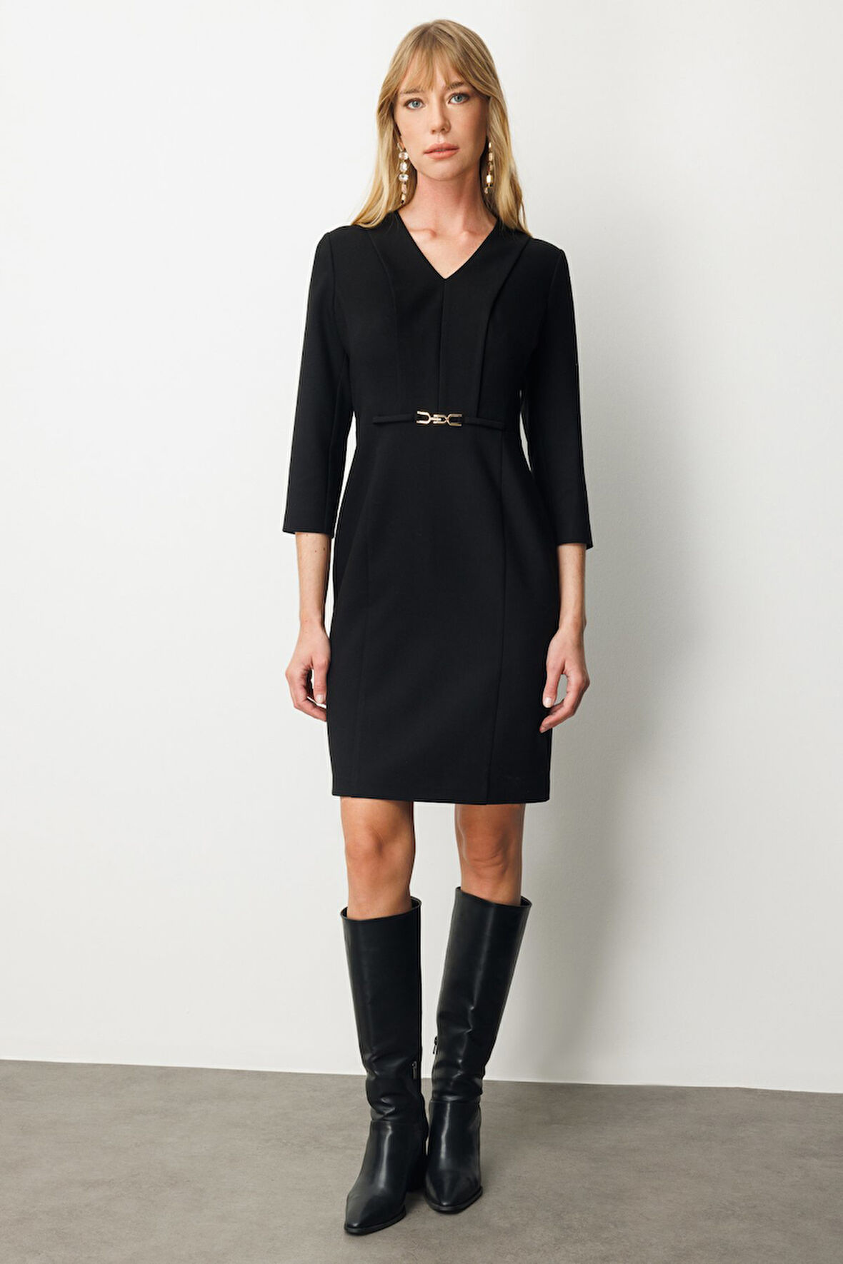 Ekol Kadın Beli Metal Aksesuarlı Midi Elbise 4033 Siyah