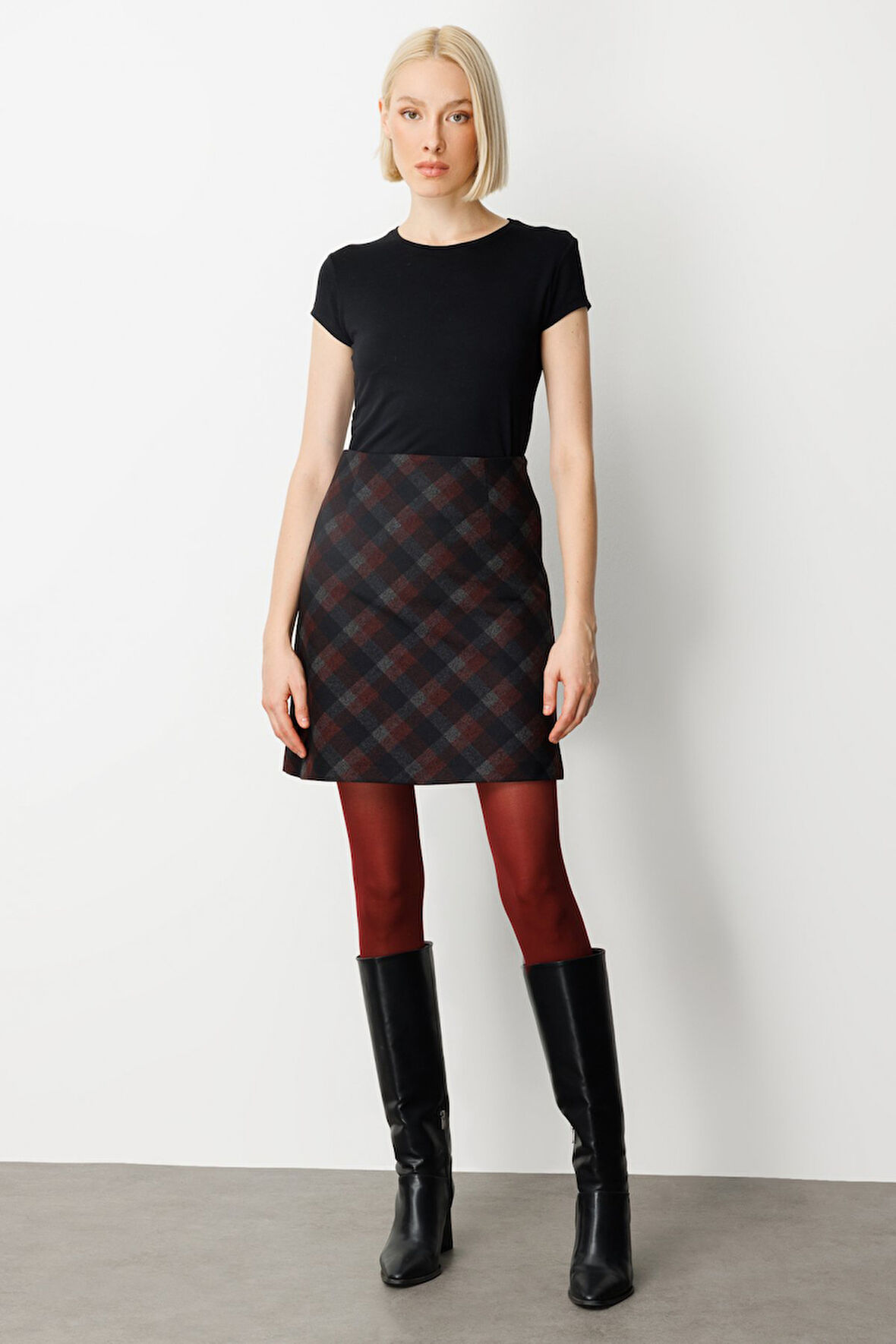 Ekol Kadın Kare Desenli Mini Etek 2043 Bordo