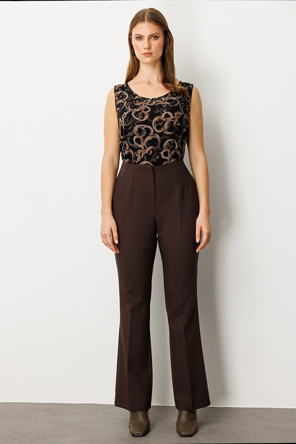 Ekol Kadın Büyük Beden Beli Kalın Lastikli İspanyol Paça Pantolon 1107 Kahverengi