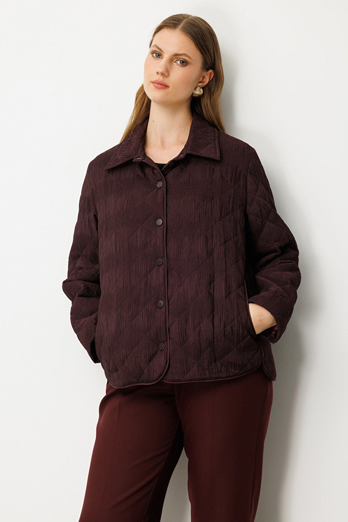 Ekol Kadın Büyük Beden Yan Cepli Çıt Çıtlı Mont 6801 Bordo