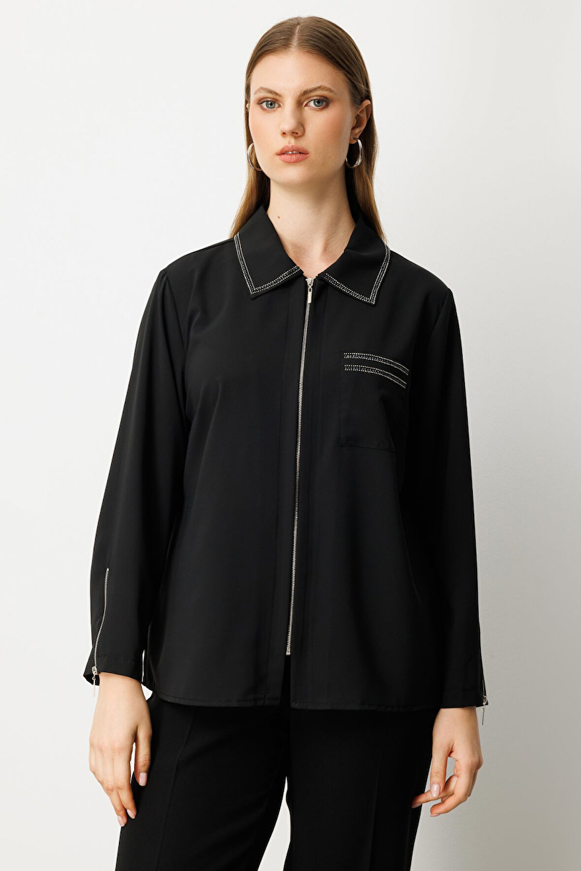 Ekol Kadın Büyük Beden Fermuarlı Taş İşlemeli Bluz 3981 Siyah