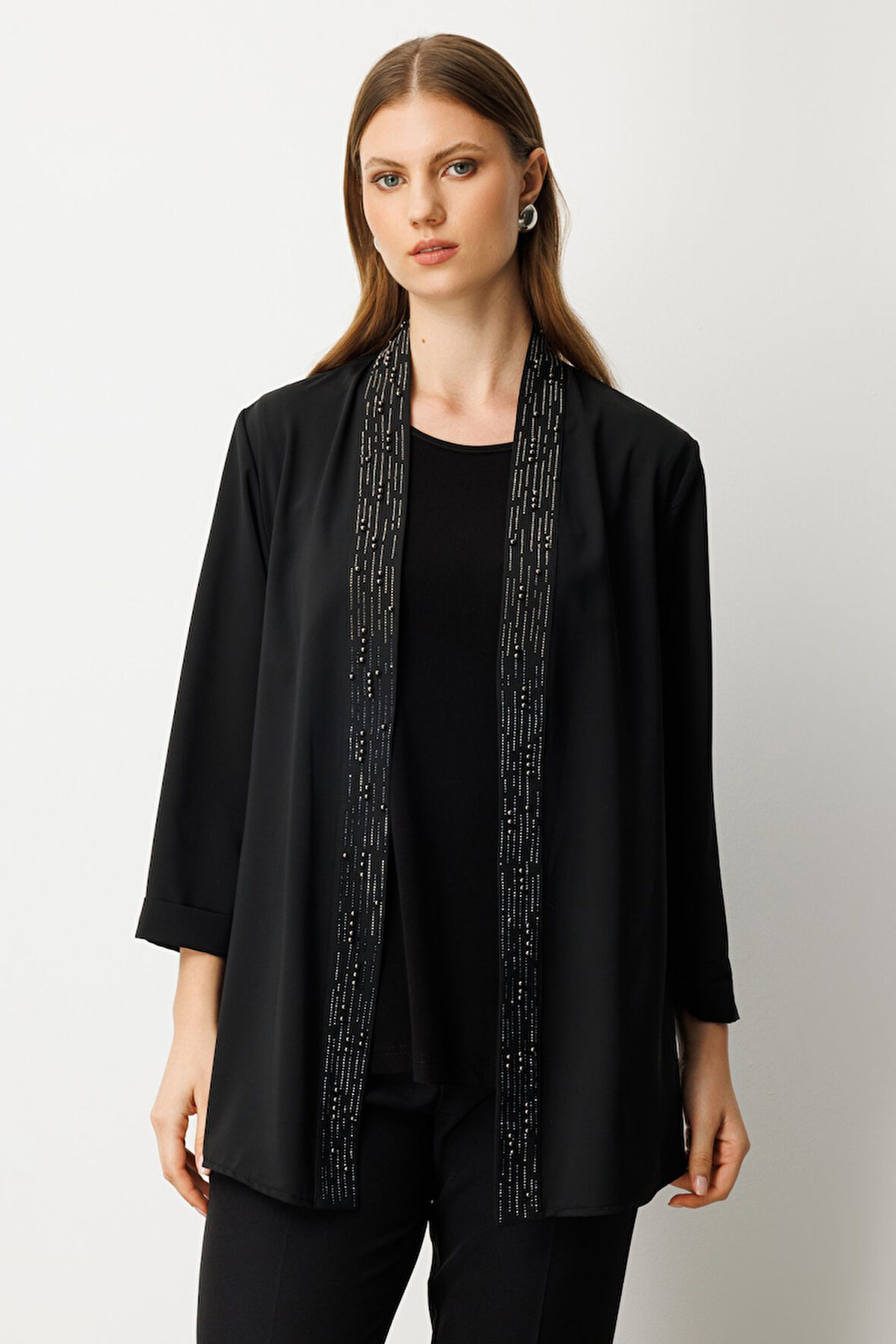 Ekol Kadın Büyük Beden İç Atletli Yakası Taş İşlemeli Ceket 5981 Siyah