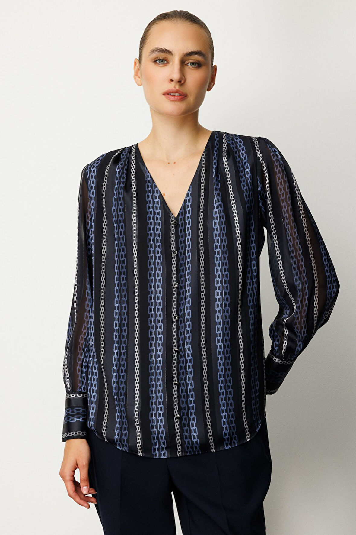 Ekol Kadın Süs Düğmeli Desenli Bluz 3063 Lacivert