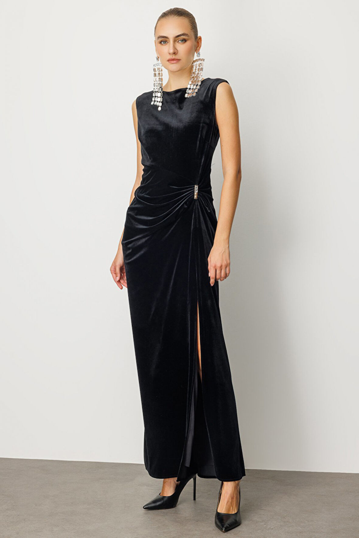Ekol Kadın Beli Büzgülü Maxi Kadife Elbise 4141 Siyah