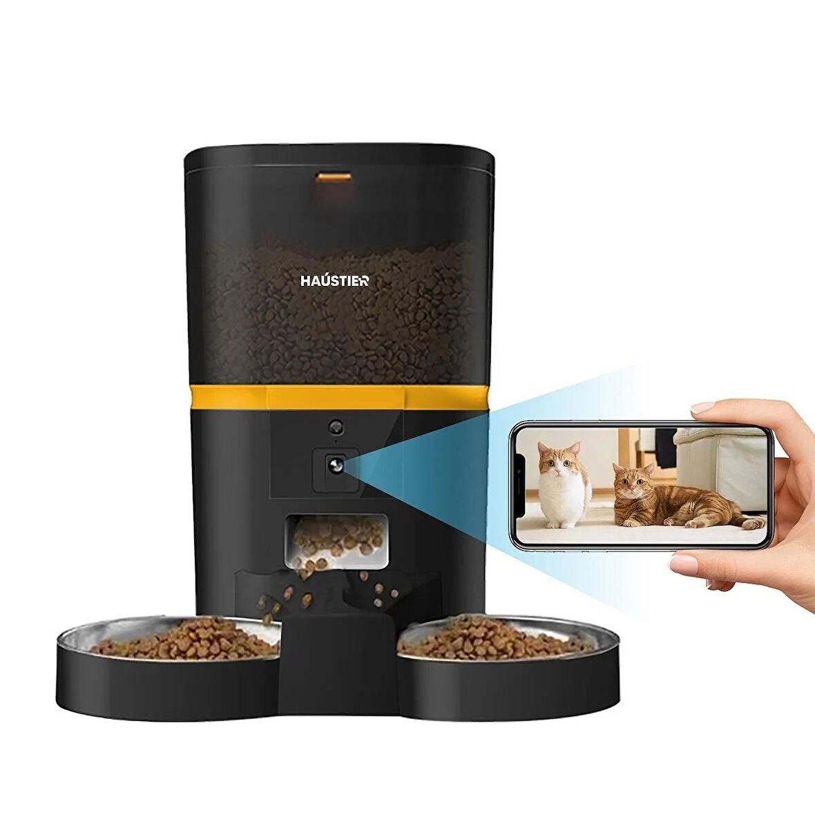 Haustier QQ005-Dual Kameralı Akıllı Kedi Köpek Otomatik Mama Kabı, App Uzaktan Kontrol, Sesle Çağırma, 480P Kamera, 6lt Hazne, Çift Metal Kase, Siyah