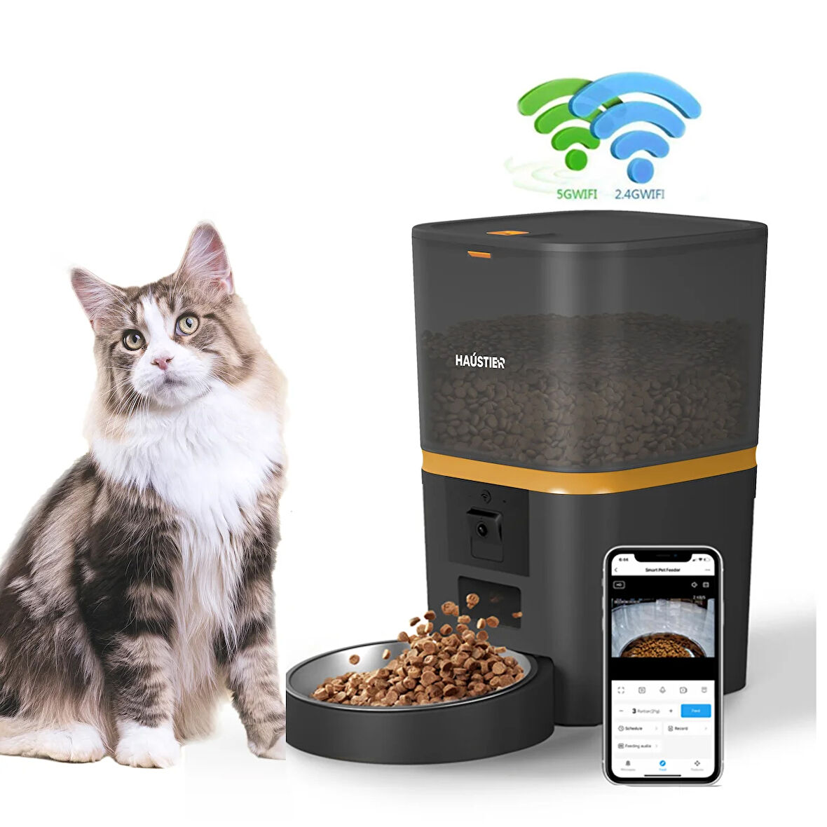 Haustier QQ009 Gece Görüş 1080P FHD kamera, Akıllı Kedi Mama Kabı, App ile Kontrol, 6Lt , Metal Kase