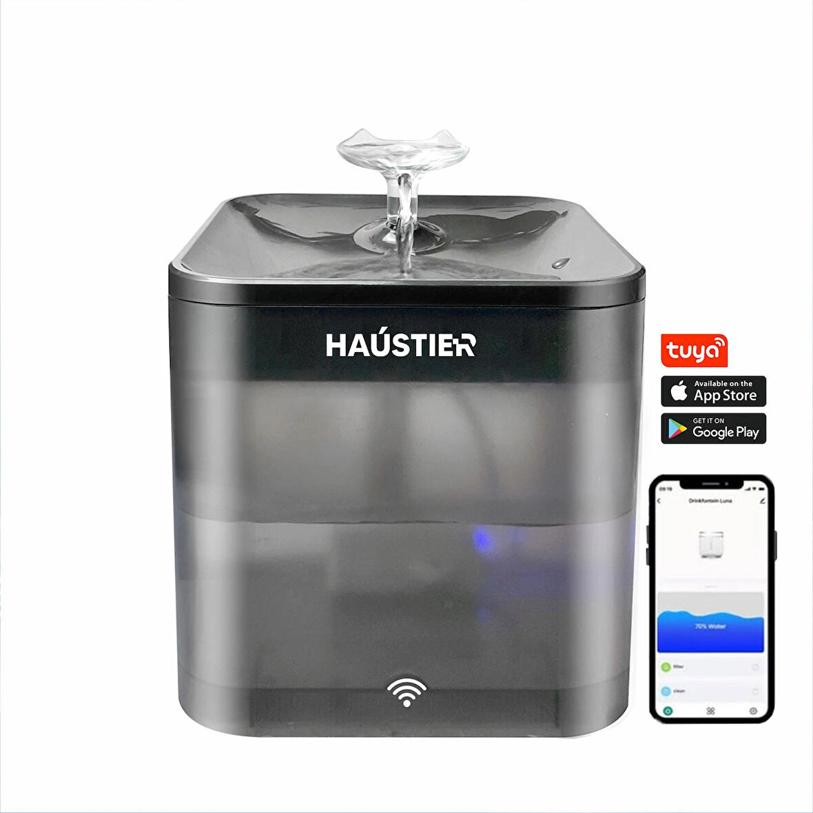 Haustier WF004 Akıllı Kedi Köpek Su Sebili Su Şelalesi Su Pınarı, UV Su Filtrelemeli - Smart Wifi - Tuya App, Ultra Sessiz, Siyah