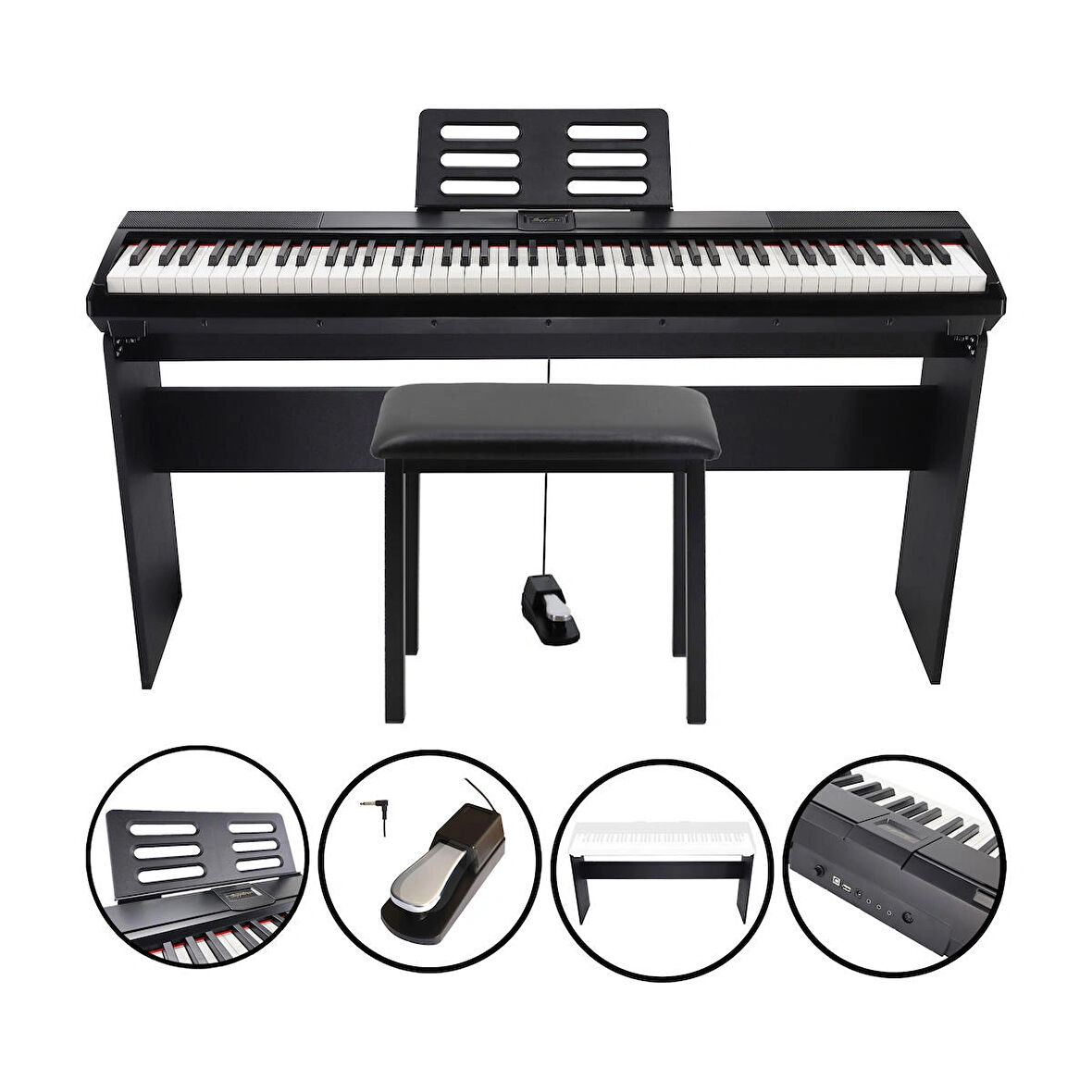 Jwin Sapphire SDP-110 Çekiç Aksiyonlu 88 Tuşlu Dijital Piyano + Tabure - Siyah