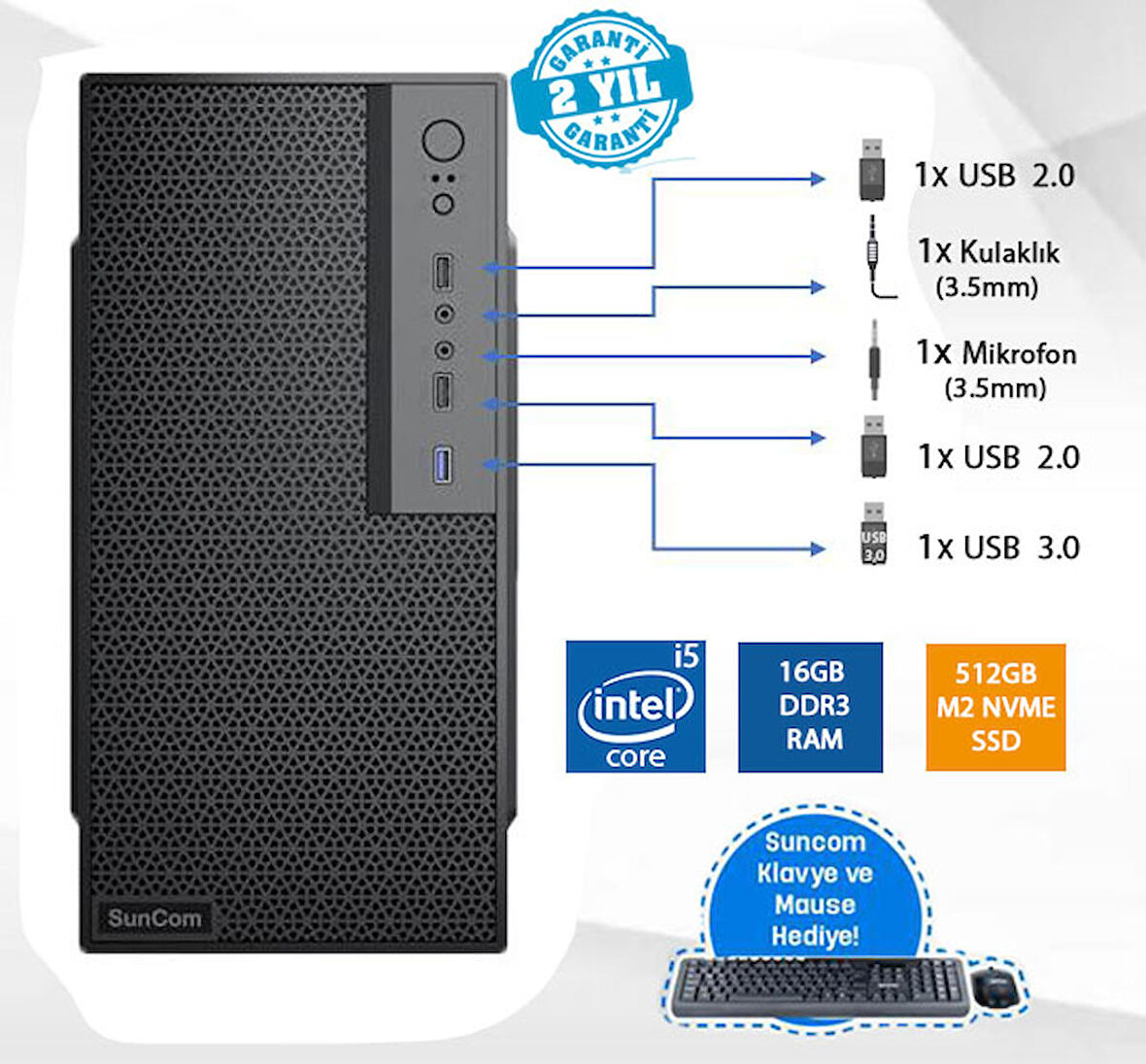 SUNCOM Force SC3-108 i5-4460 16GB 512GB SSD O/B DOS Masaüstü PC Wi-Fi