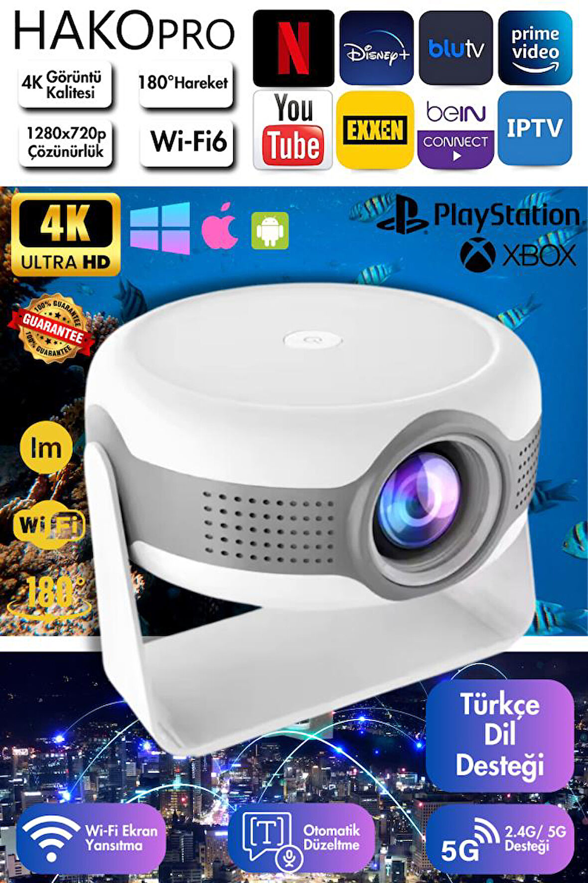 Hakopro T269 Pro Android 12.0 1280P 130 Inç HD 4K 180° Dönebilen Projeksiyon 