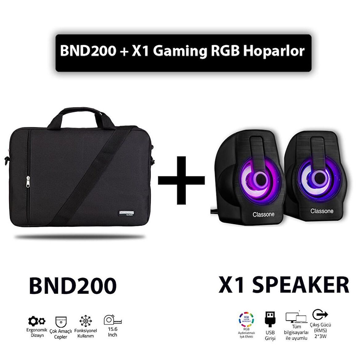 Classone BND200 15,6 Laptop Notebook El Çantası + X1 Rgb Gaming Speaker