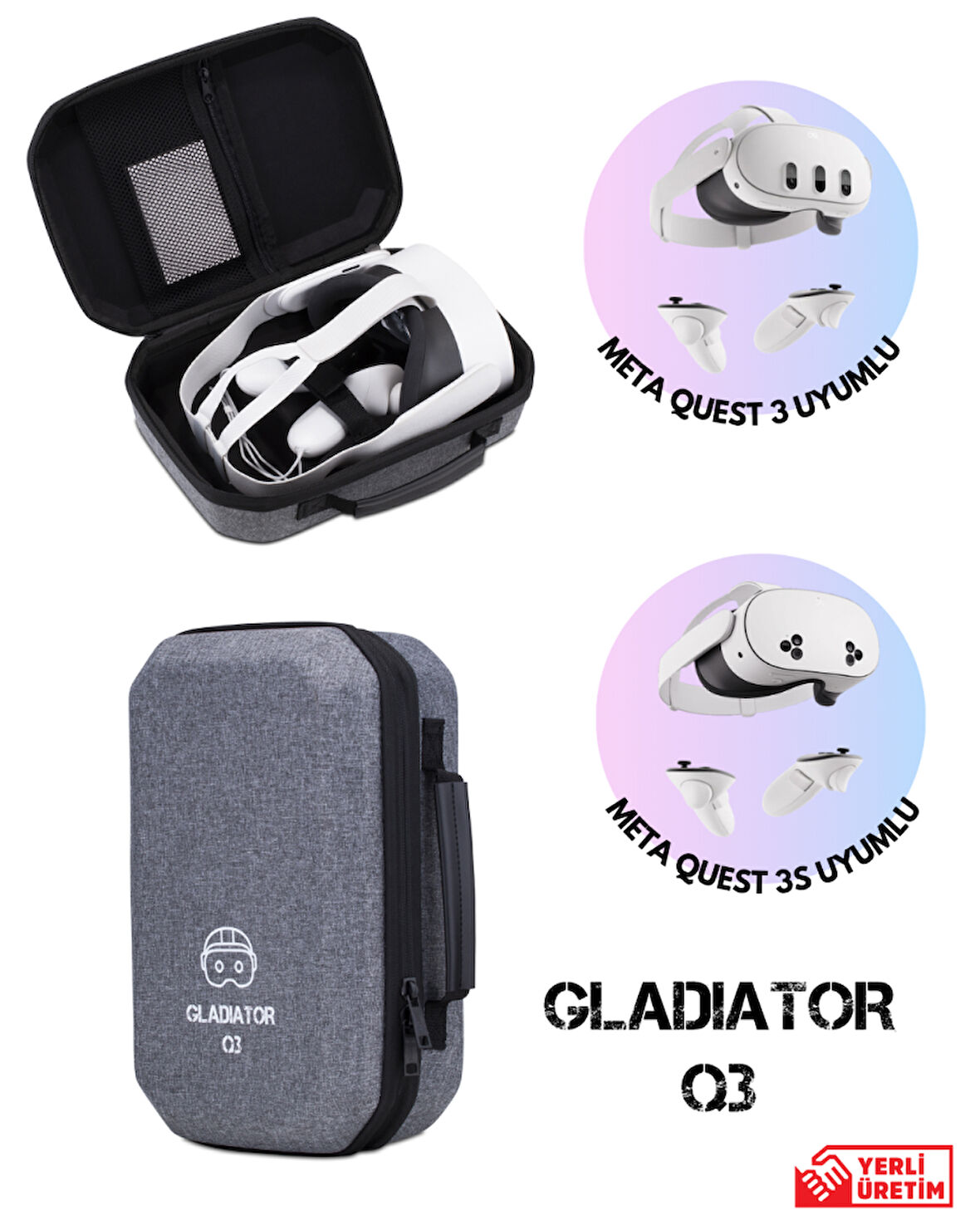 Gladiator Q3 GRİ Meta Quest 3 Çantası Quest 3 ve 3s Uyumlu Özel Çanta