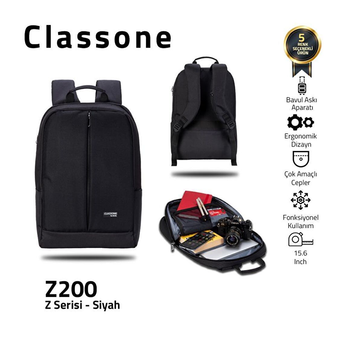 Classone Z Serisi BP-Z200 15.6 Notebook Sırt Çantası -Siyah