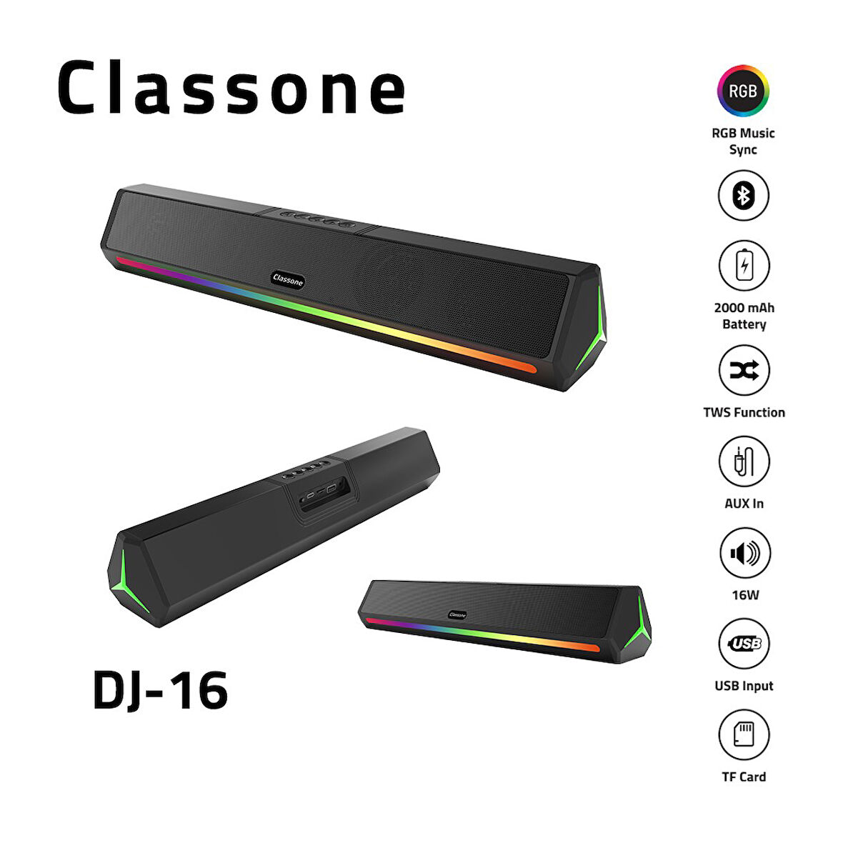 Classone DJ-16 RGB Işıklı Bluetooth Kablosuz Soundbar Hoparlör