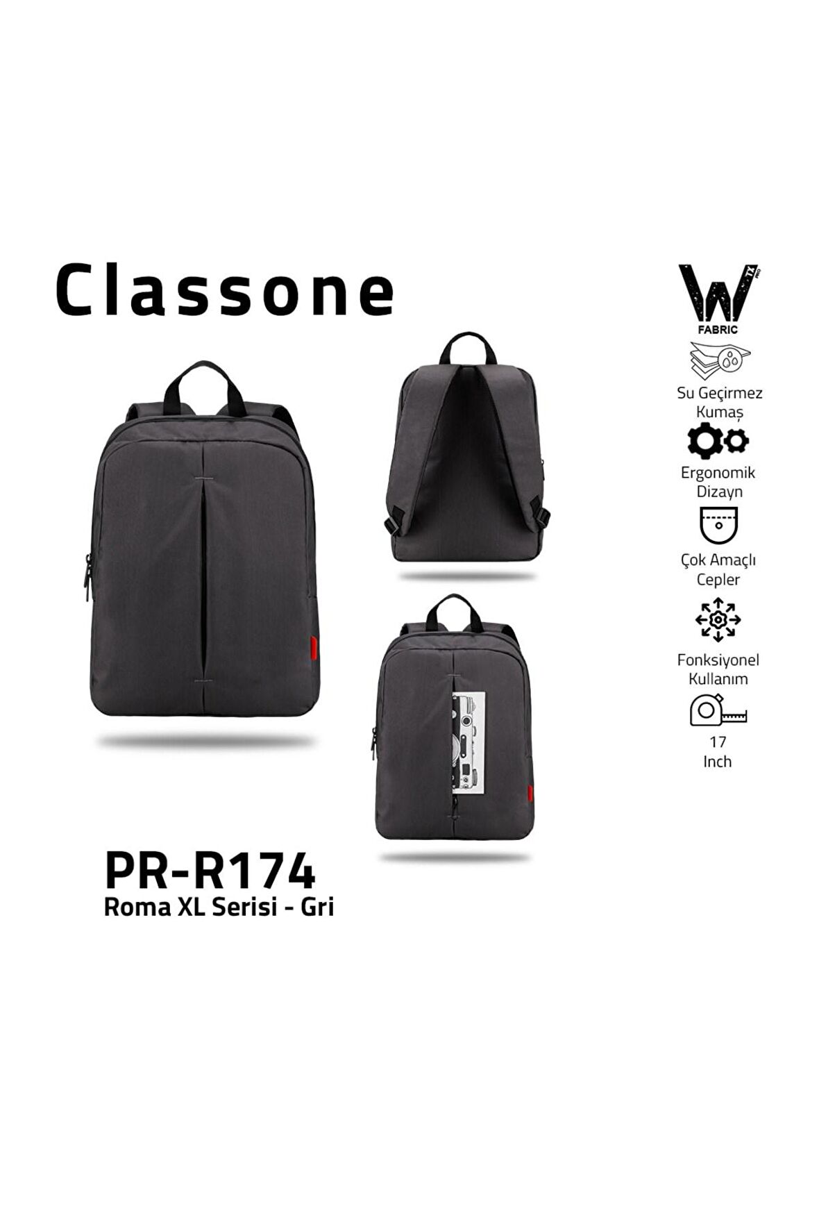 Pr-r174 Roma Serisi Su Geçirmez Kumaş 17" Laptop ,notebook Sırt Çantası-gri