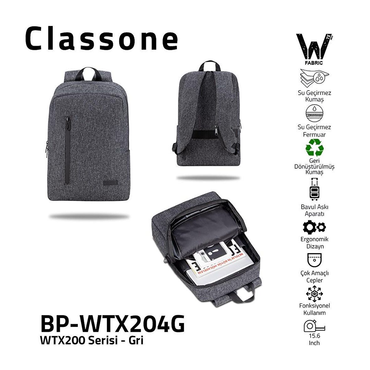 Classone BP-WTX204G 15,6" Su Geçirmez Kumaş Fermuar Notebook Laptop Çantası Gri