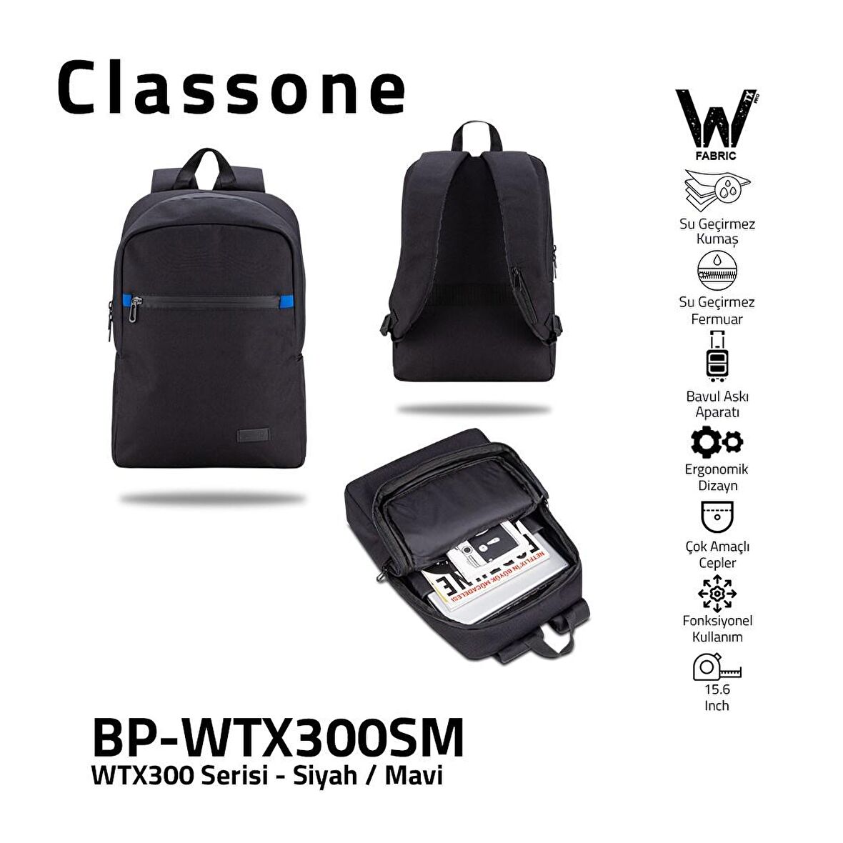 Classone BP-WTX300SM 15,6"Su Geçirmez Kumaş Fermuar Notebook Sırt Çantası Siyah  Mavi