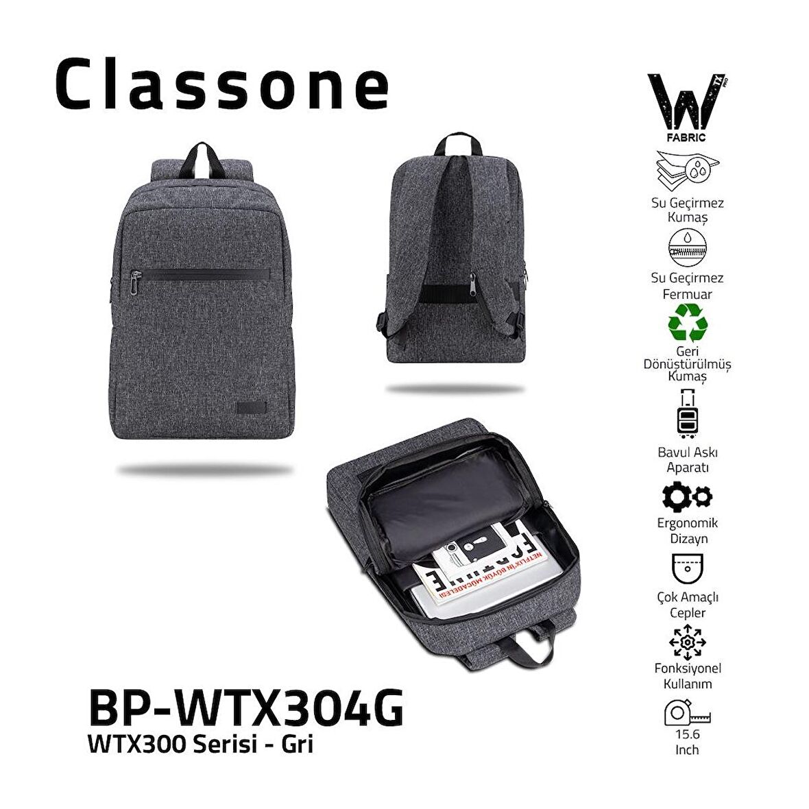 Classone BP-WTX304G 15.6" Laptop Sırt Çantası