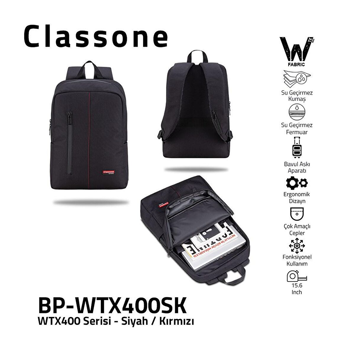 Classone BP-WTX400SK 15,6" Su Geçirmez Kumaş Fermuar Notebook Laptop Sırt Çantası Siyah Kırmızı