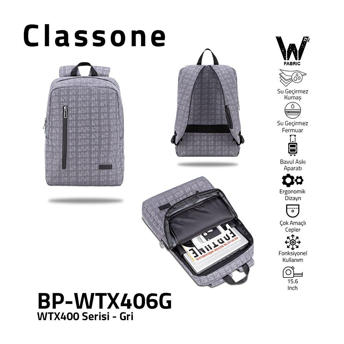 Classone BP-WTX406G 15,6" Su Geçirmez Kumaş Fermuar Notebook Laptop Sırt Çantası Gri