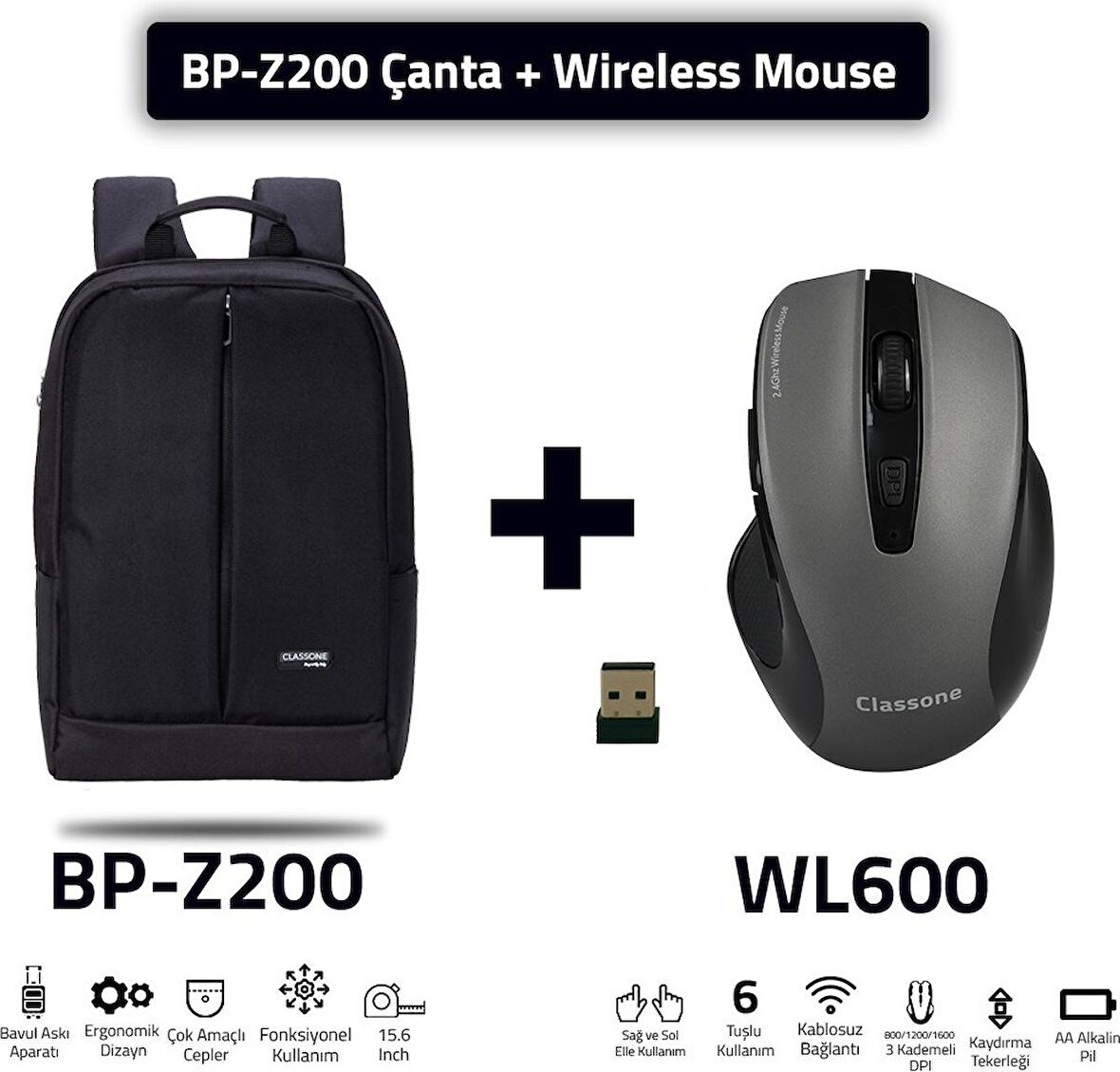 Classone BP-Z200-WL600 Mouse -15.6" Su Geçirmez Kumaş Laptop ,notebook Sırt Çantası Siyah+Kablosuz M