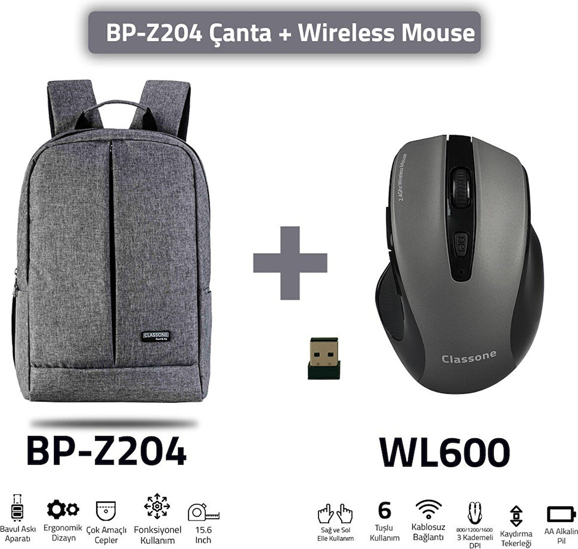 Classone BP-Z204-WL600 Mouse -15.6" Su Geçirmez Kumaş Laptop ,notebook Sırt Çantası Gri+Kablosuz Mou