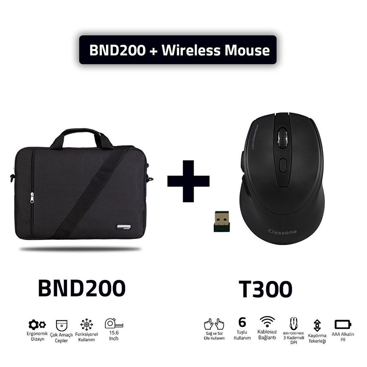 Classone Bnd200 Eko Serisi 15,6 Inç Laptop Notebook El Çantası Siyah T300 Kablosuz Mouse