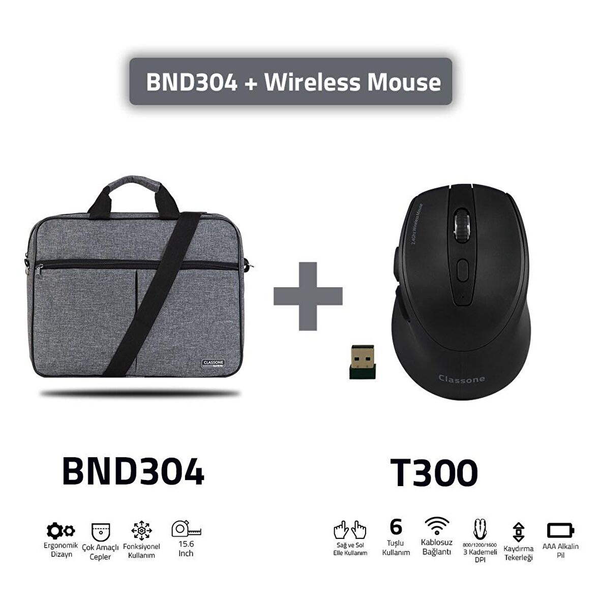 Classone Bnd304 Eko Serisi 15,6 Inç Laptop Notebook El Çantası Siyah +T300 Kablosuz Mouse