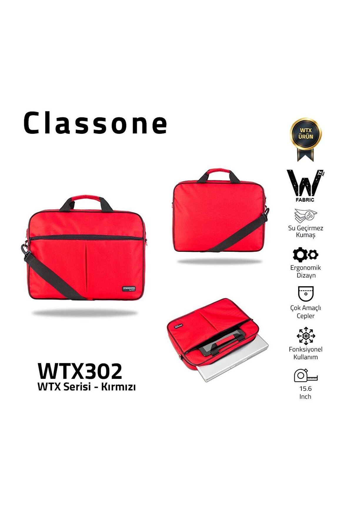  Classone WTX302 WTXpro Serisi 15.6 inch Uyumlu Su Geçirmez Kumaş Macbook, Laptop , Notebook El Çant