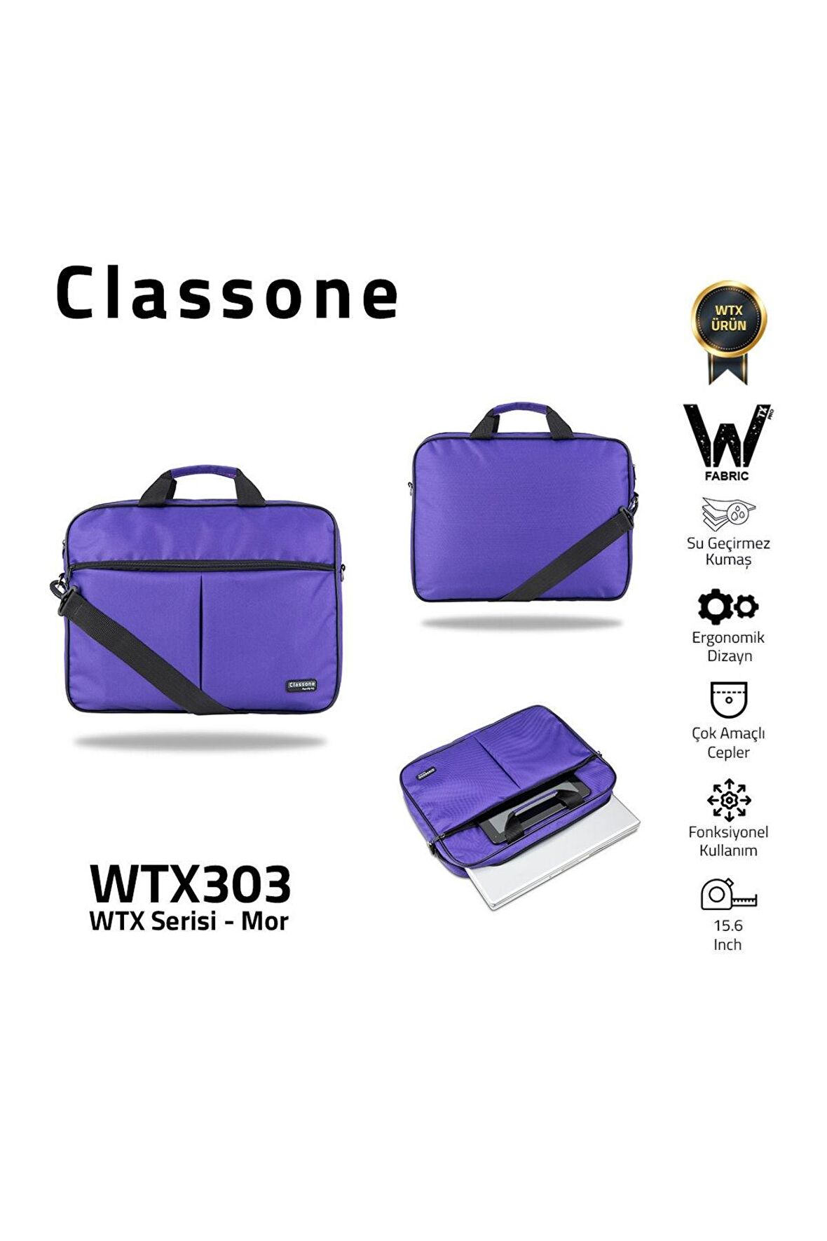 Classone Wtx303 Wtxpro serisi 15.6 Inch Uyumlu Su Geçirmez Kumaş Macbook, Laptop , Notebook El Çanta