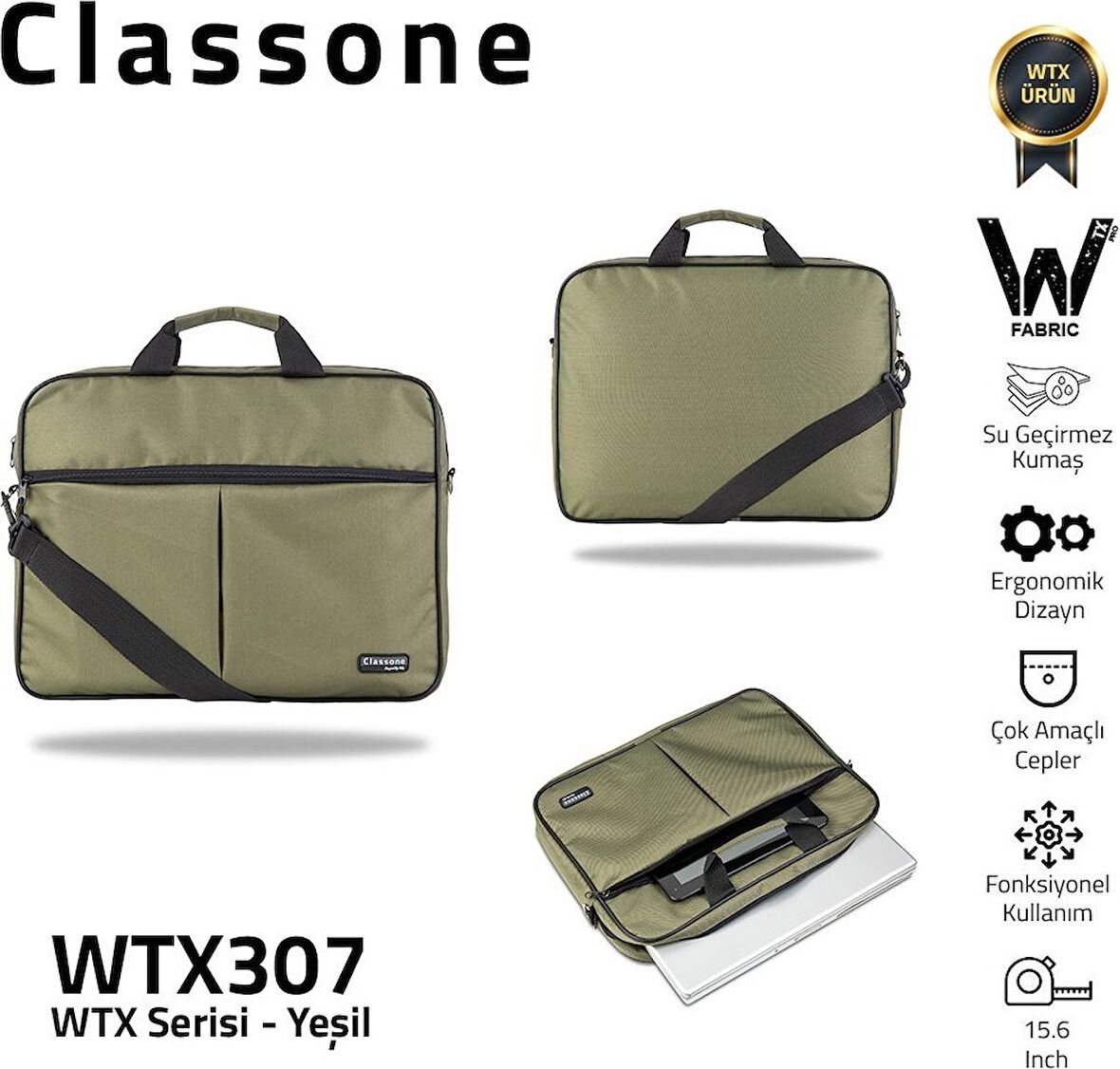 Classone WTX307 Wtxpro serisi 15.6 Inch Uyumlu Su Geçirmez Kumaş Macbook, Laptop , Notebook El Çanta