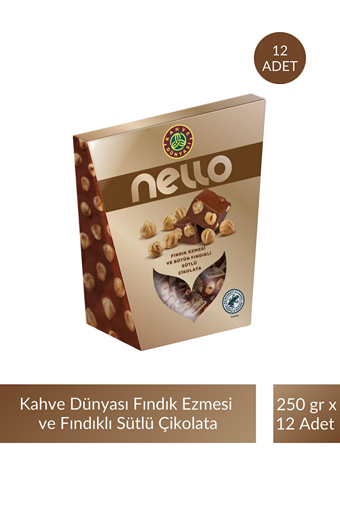 Kahve Dünyası Nello Fındık Ezmesi ve Bütün Fındıklı Sütlü Çikolata 250 gr x 12 Adet