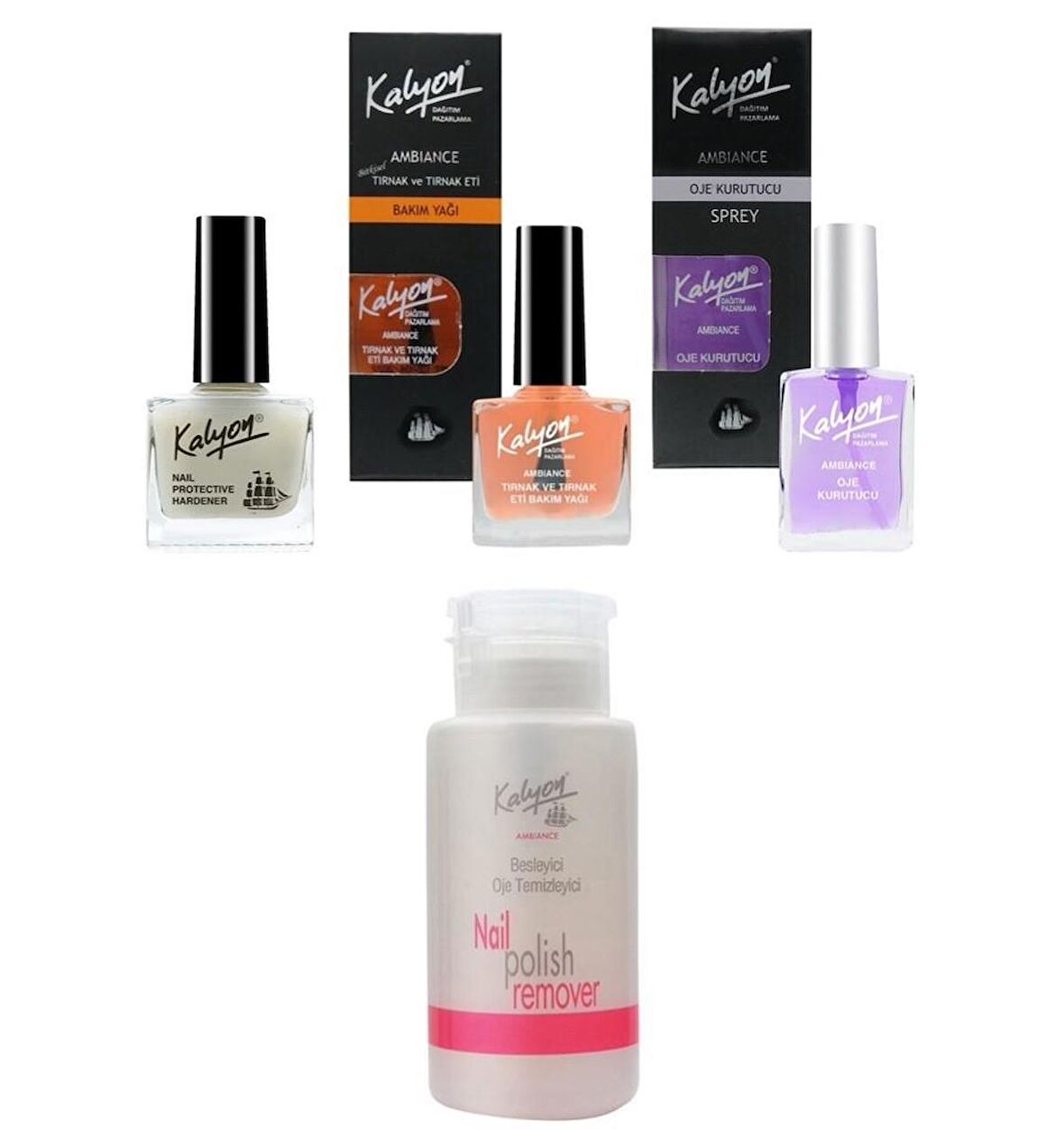 Kalyon Tırnak Setleştirici+Bakım Yağı+Oje Kurutucu Sprey 17Ml+Pompalı Aseton 200Ml