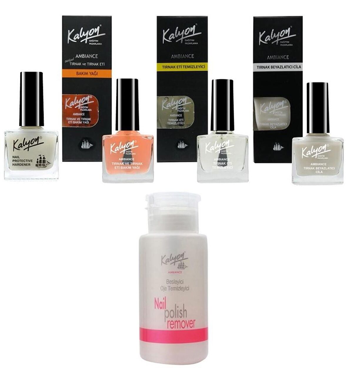 Kalyon Tırnak Setleştirici+Bakım Yağı+Et Temizleyici+Beyzalatıcı Cila+Pompalı Aseton 200Ml