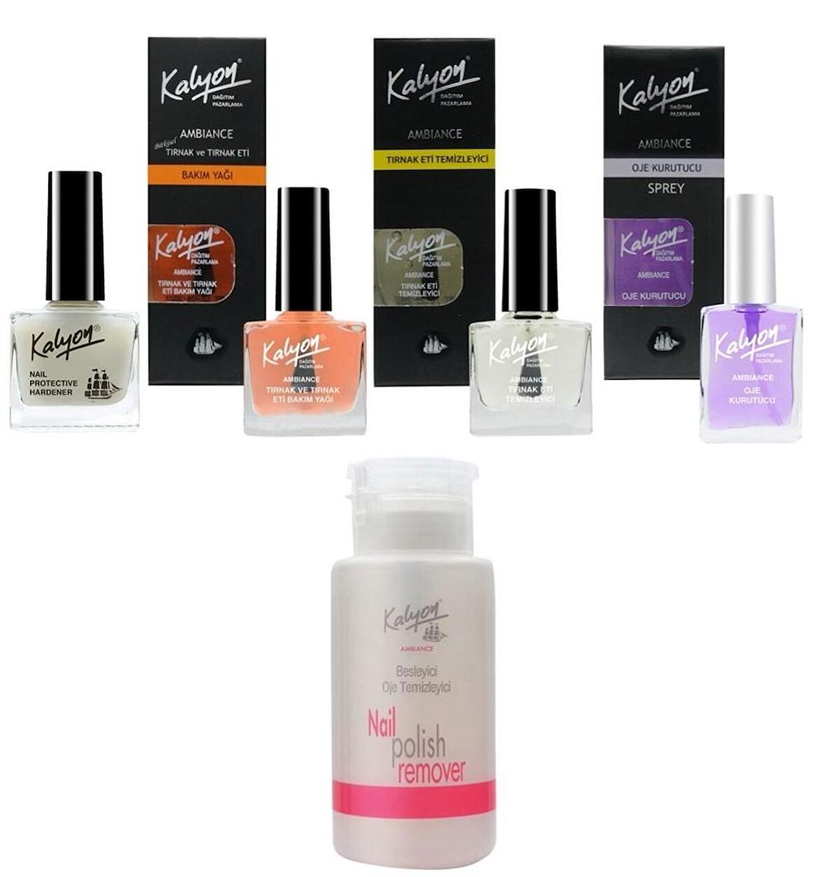 Kalyon Tırnak Setleştirici+Bakım Yağı+Et Temizleyici+Oje Kurutucu Sprey 17Ml+Pompalı Aseton 200Ml
