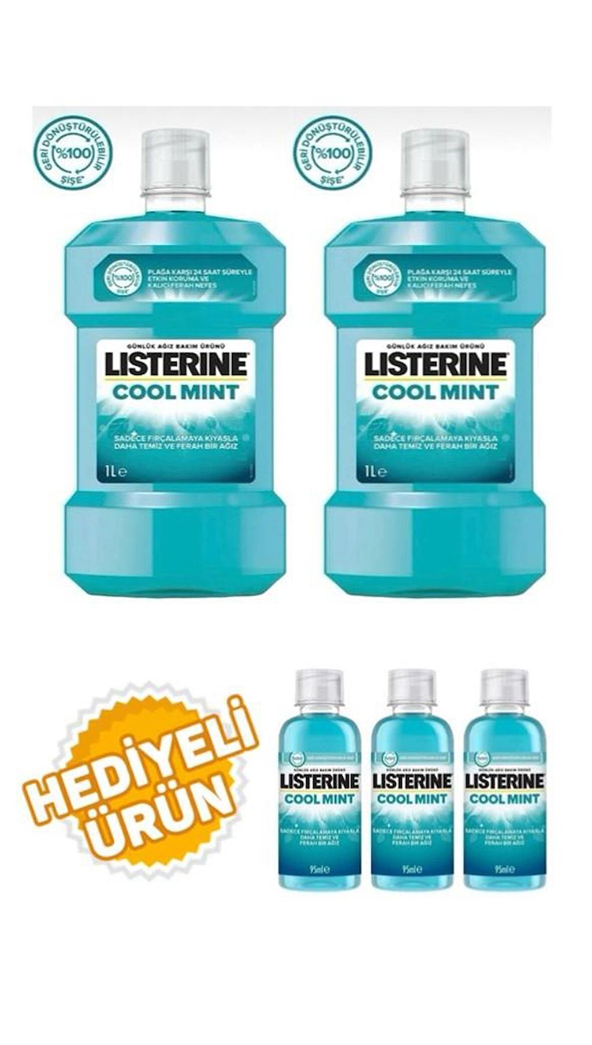 Listerine Cool Mint Ağız Bakım Suyu 1 L 2 Adet+95 Ml 3 Adet