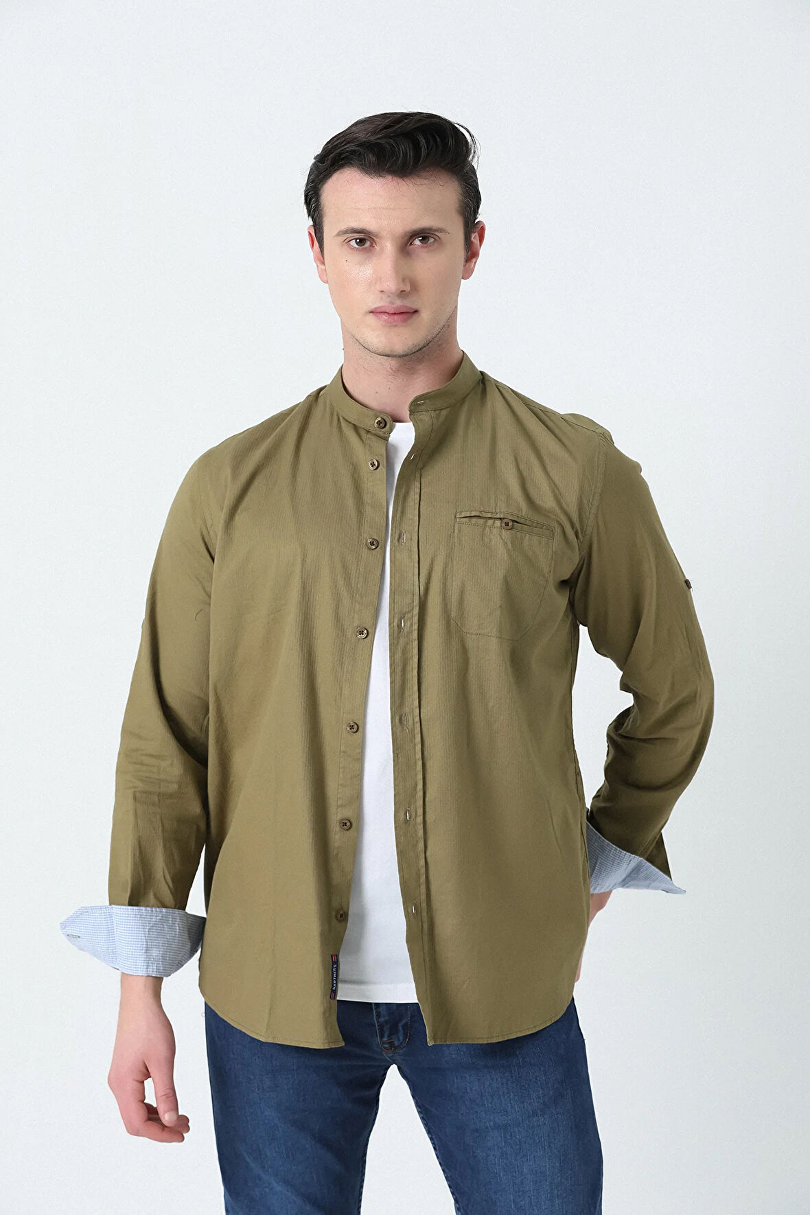 BROTHERS ERKEK TAILORED FIT UZUN KOL APOLETLİ HAKİM YAKA FLETO CEPLİ YIKAMALI GÖMLEK ZEYTİN YEŞİLİ