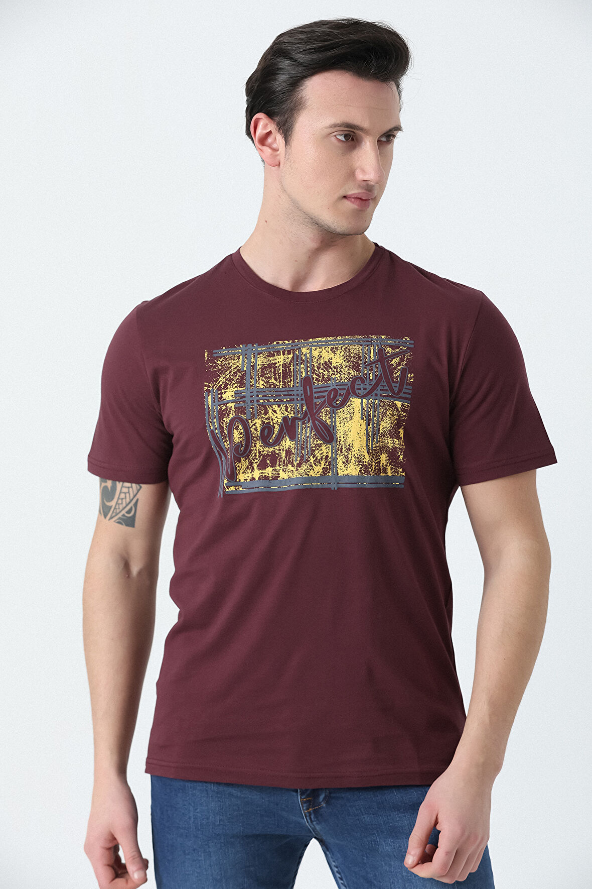 BROTHERS ERKEK BİSİKLET YAKA BASKILI KOTON T-SHIRT BORDO