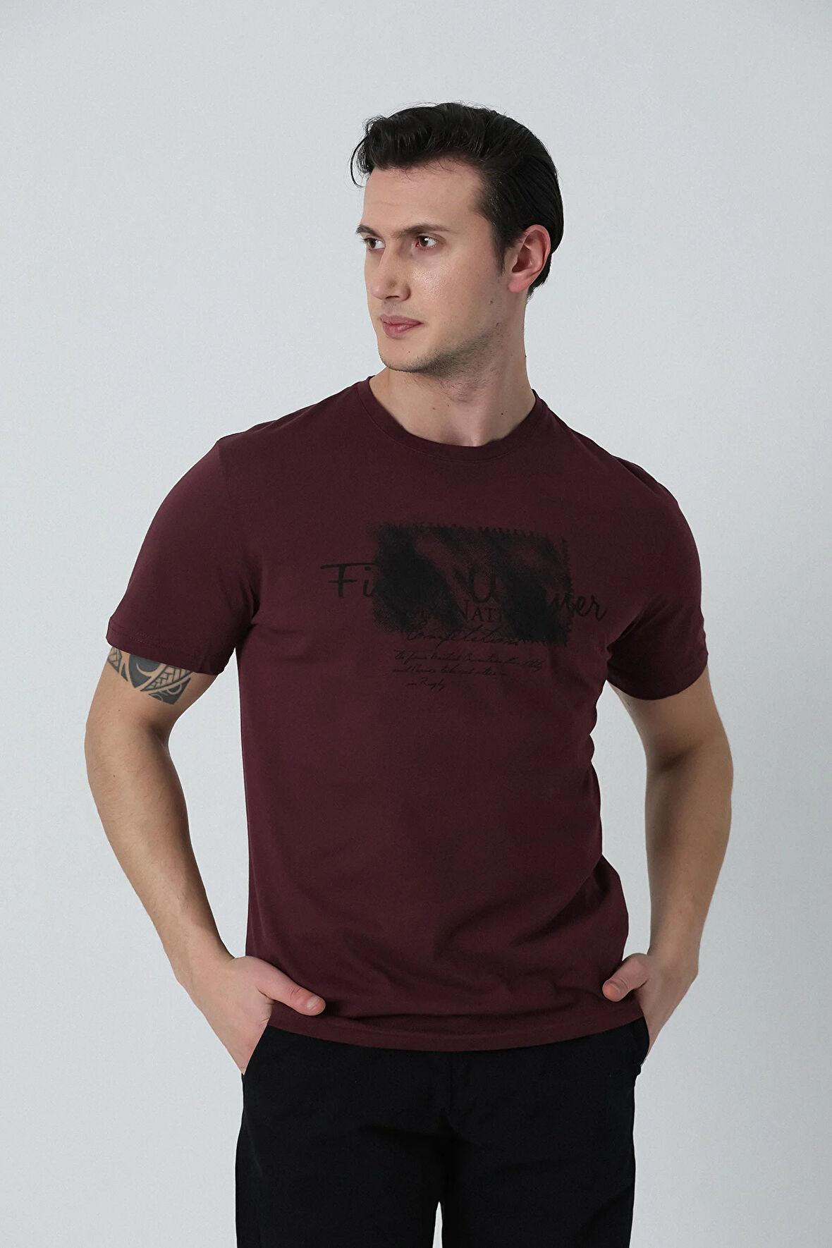 BROTHERS ERKEK BİSİKLET YAKA BASKILI KOTON T-SHIRT BORDO