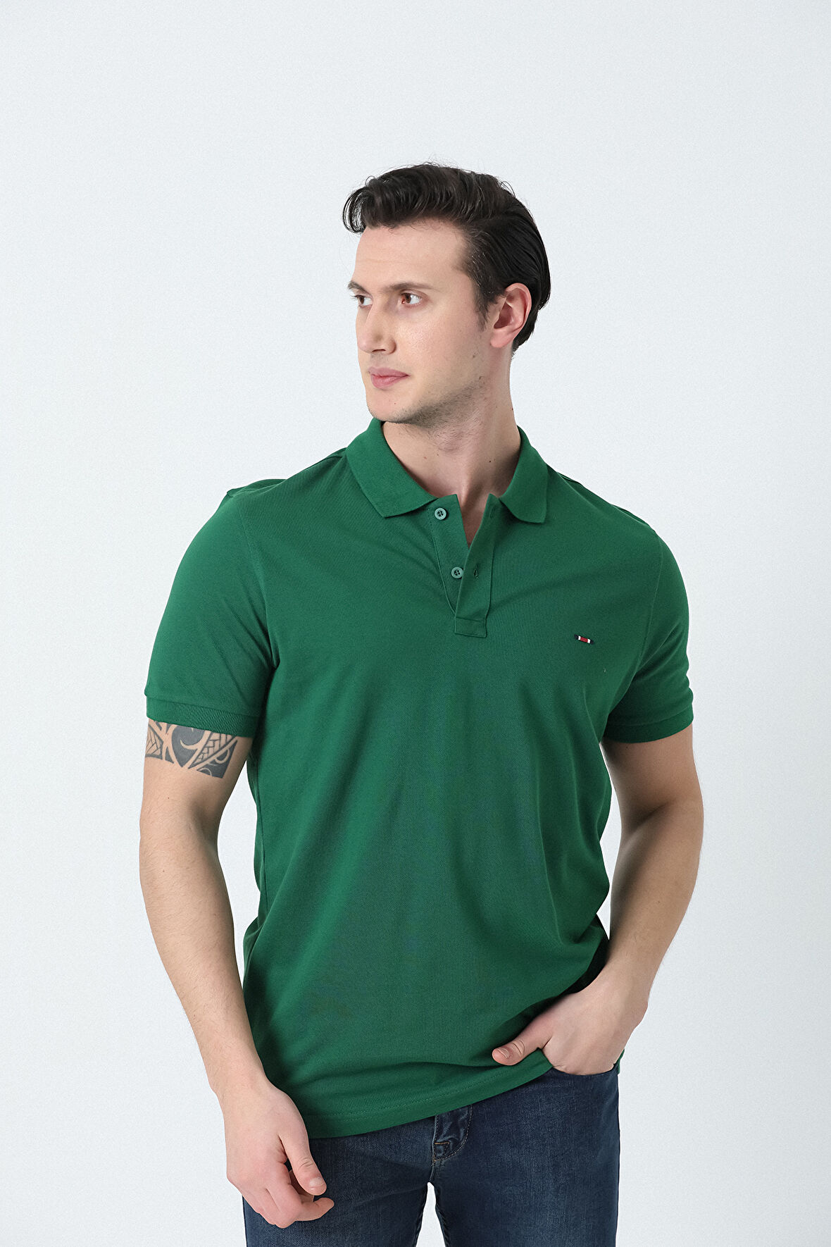 BROTHERS ERKEK POLO YAKA LOGO NAKIŞLI PİKE DOKULU T-SHIRT ORMAN YEŞİLİ