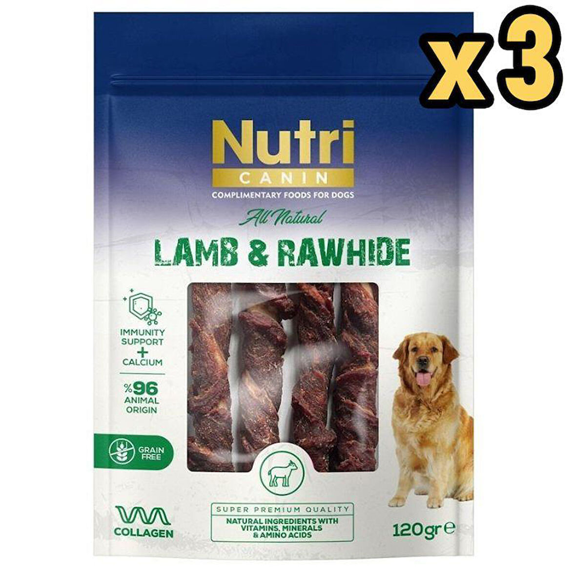 Nutri Canin Rawhide Kuzu Eti Sarili Orta/Büyük Irk Köpek Kemik Ödülü 120 Gr x 3 Adet 