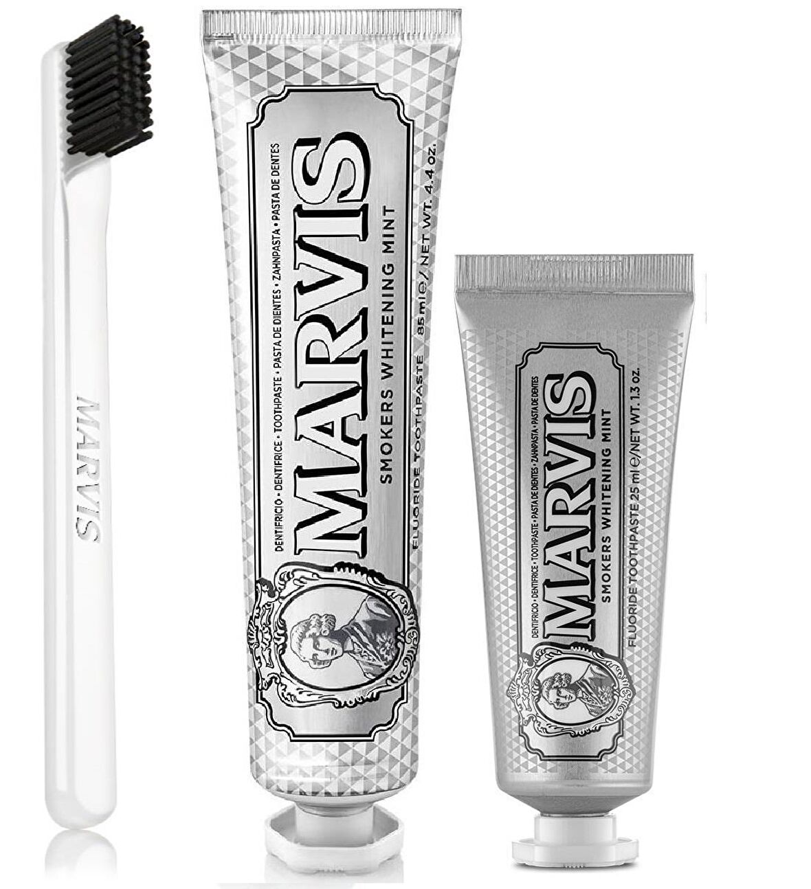 Marvis Smokers Whitening Mint Nane Aromalı Beyazlatma Doğal Diş Macunu 85 ml & Diş Macunu 25 ml ve Diş Fırçası 
