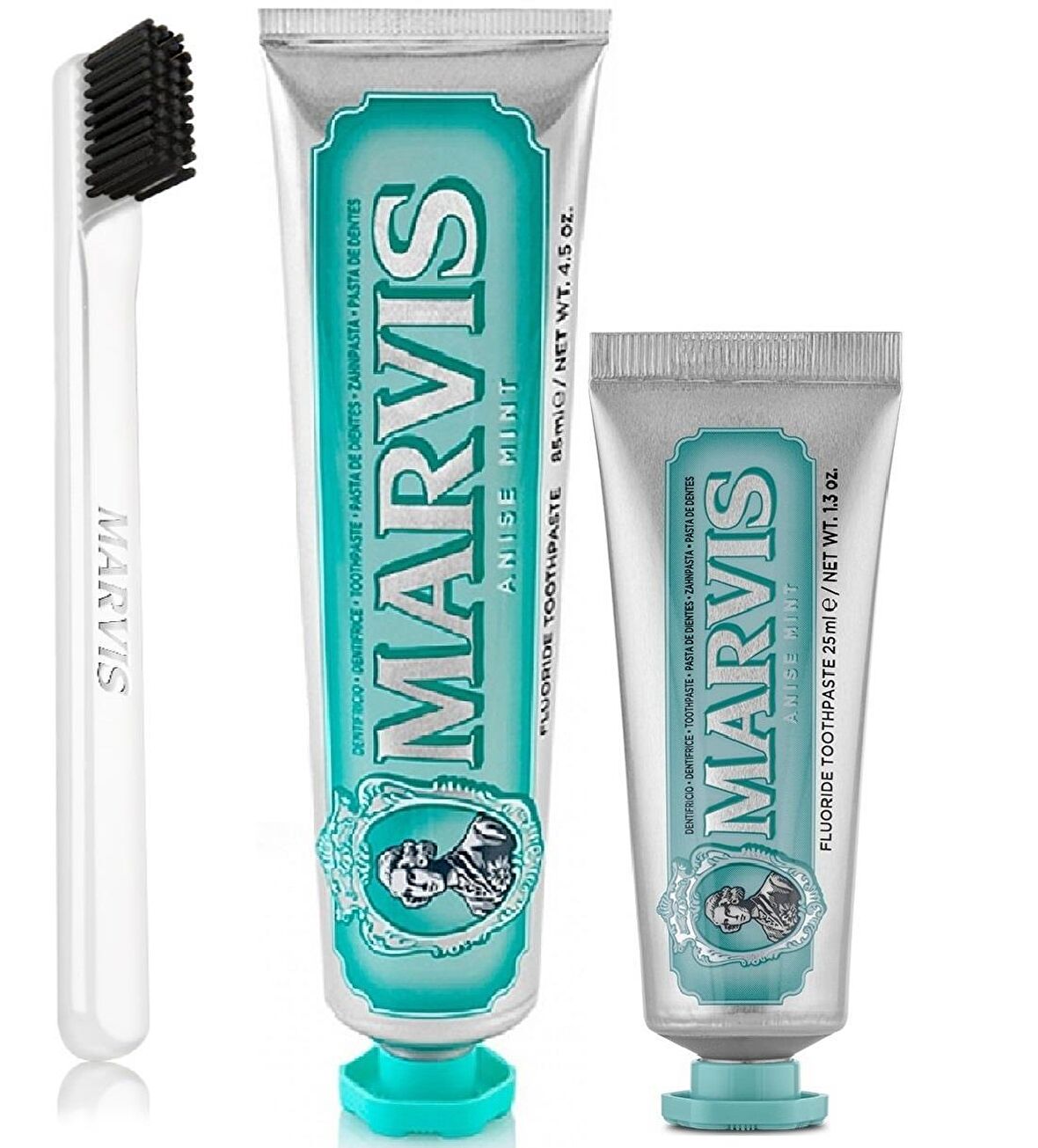 Marvis Anise Mint Anason & Nane Aromalı Beyazlatma Doğal Diş Macunu 85 ml & Diş Macunu 25 ml ve Diş Fırçası 