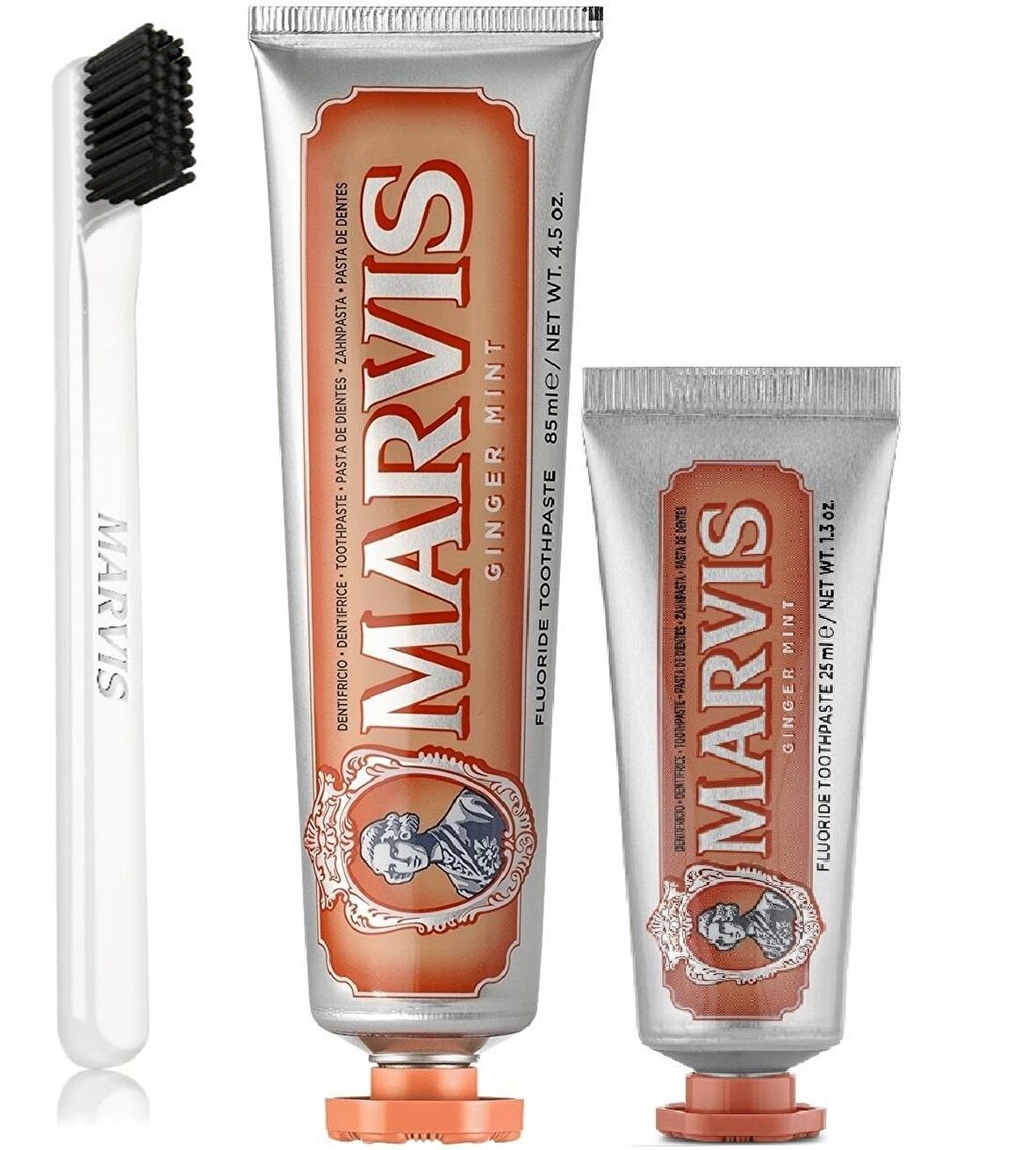 Marvis Ginger Mint Zencefil Aromalı Beyazlatma Doğal Diş Macunu 85 ml & Diş Macunu 25 ml ve Diş Fırçası