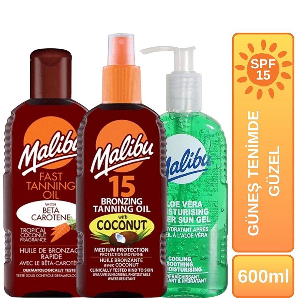 Malibu Koruyucu Bronzlaştırıcı + Hızlı Bronzlaştırıcı + Güneş Sonrası Aloe Vera SPF15 Güneş Tenimde Güzel Set